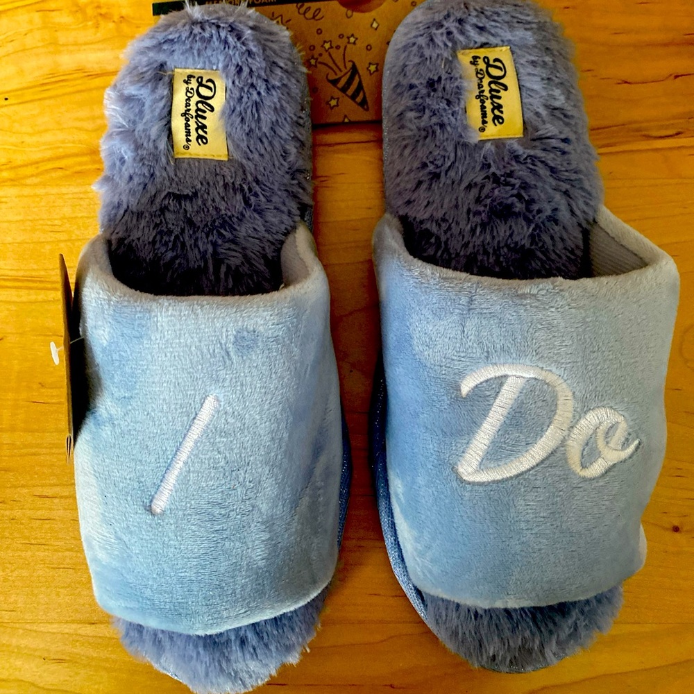 Wedding slippers by Dearfoams Memory Foam I Do Slippers Blue L (Sizes 9-10)